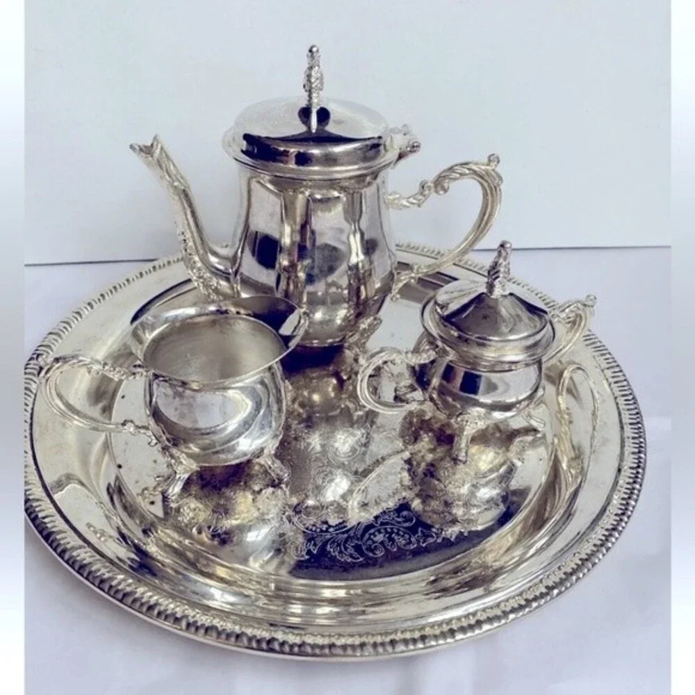 VTG Silver Plate Small 4 piece Coffee Set Teapot Creamer Sugar Bowls & Tray